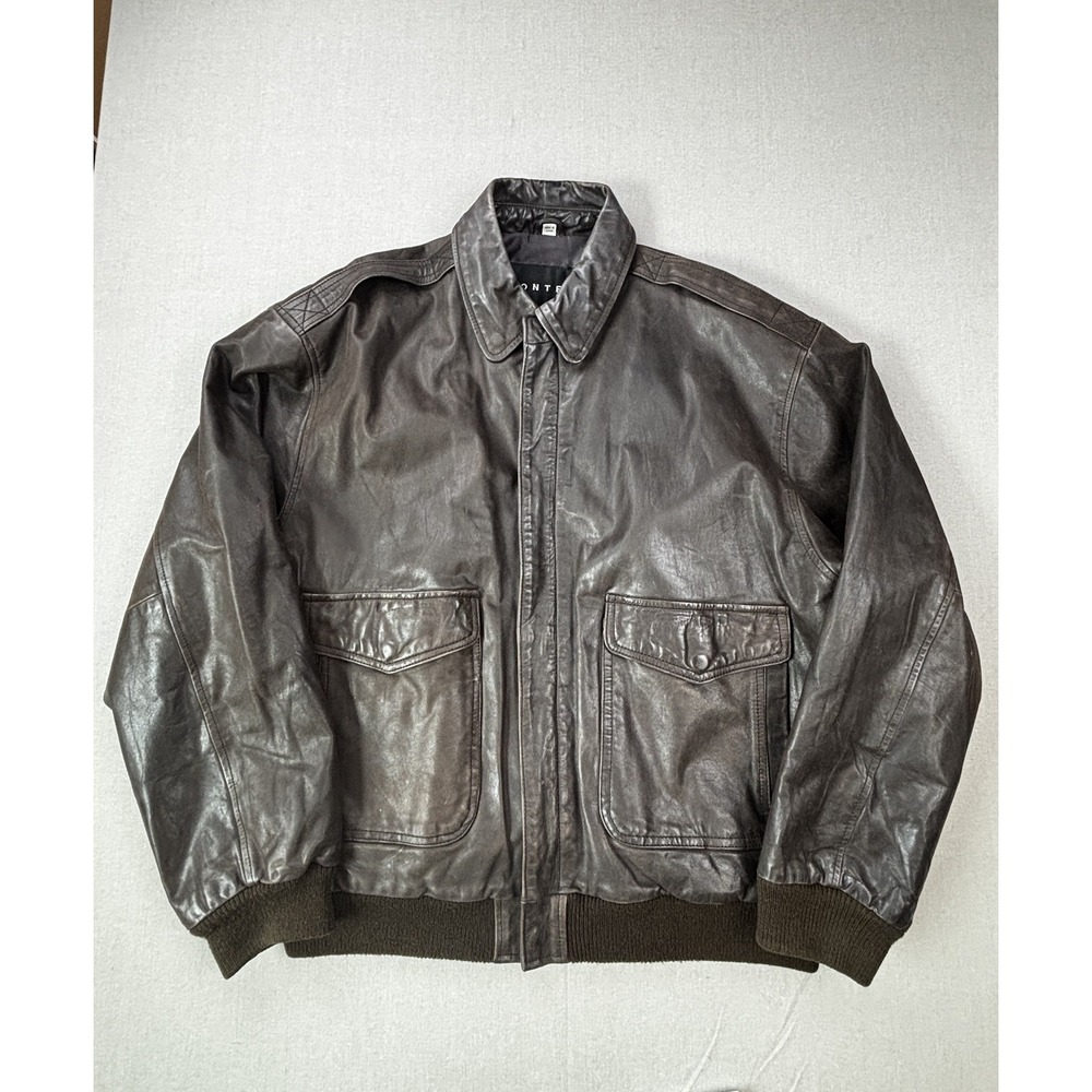 Context Leather Jacket Mens Large Brown Bomber Knit Hem Zip Pockets Lined 90s